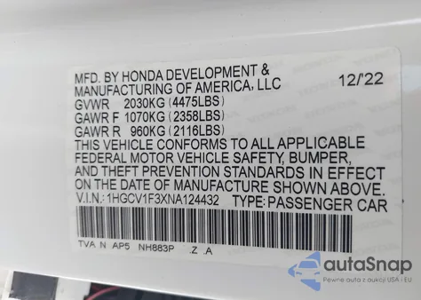 2022 Honda Accord Sport z USA, uszkodzony, nr VIN 1HGCV1F3XNA124432